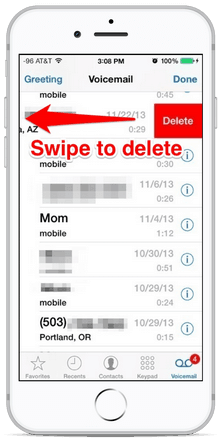 right to left swipe to delete voicemail iphone