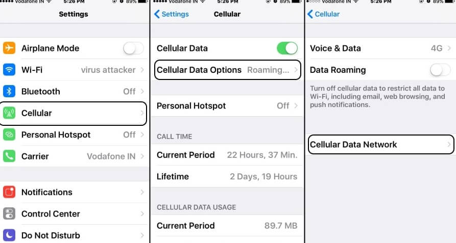 open settings,choose cellular, then cellular data options.