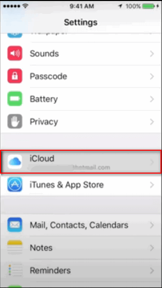 Tap iCloud in iphone settings